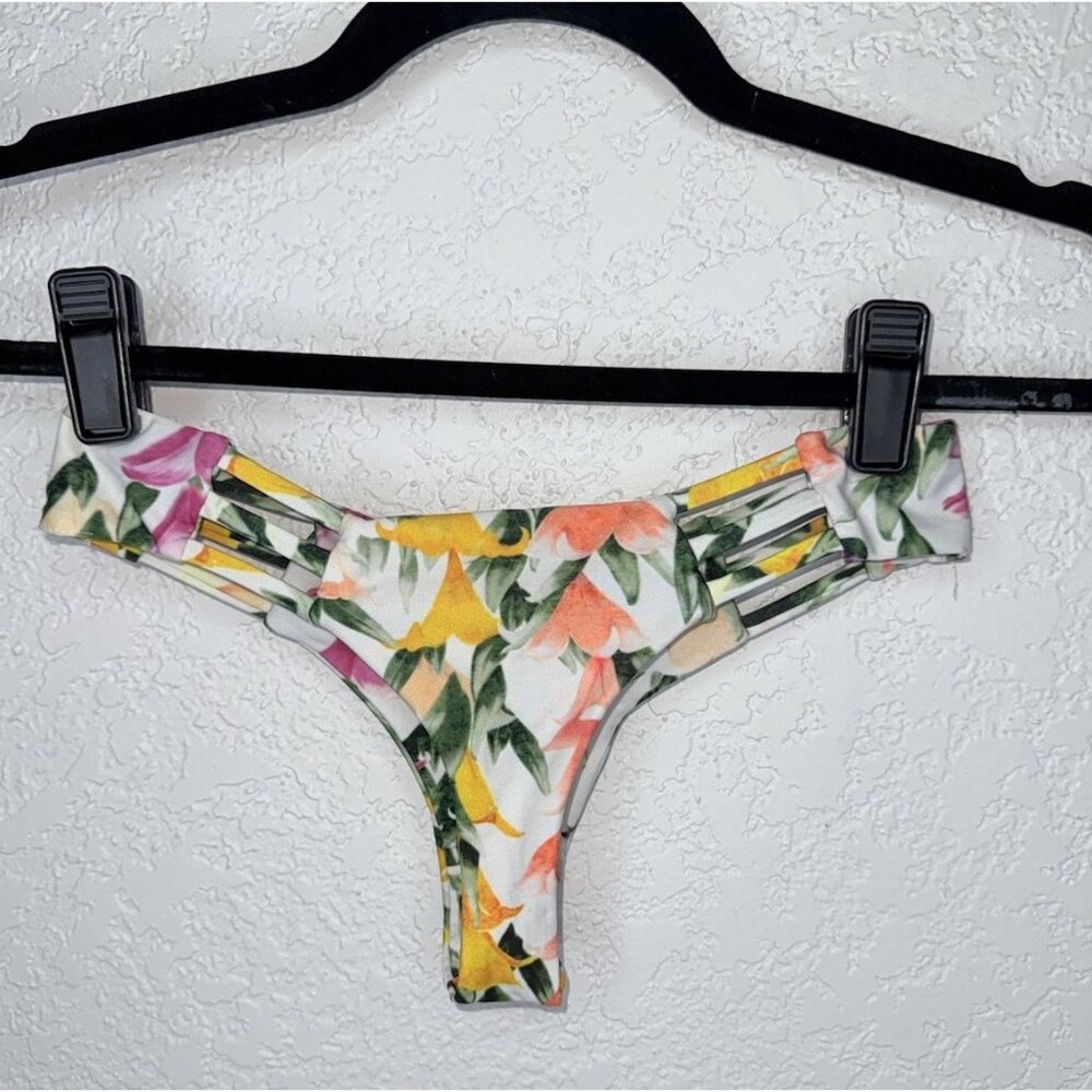 Stone Fox Swim Bikini White Floral Yellow Green Thong Bottoms XS Swimsuit O